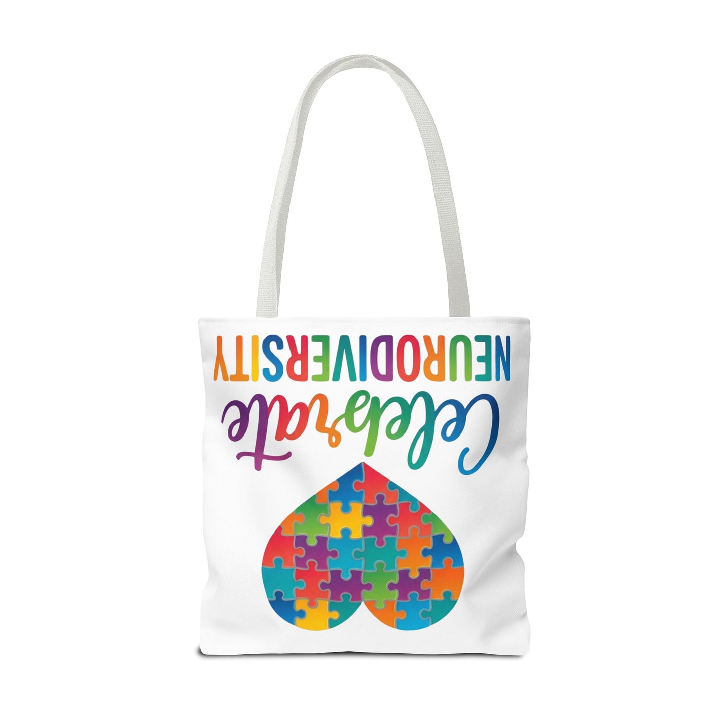 Celebrate Neurodiversity Tote Bag – Rainbow Puzzle Heart Awareness Tote