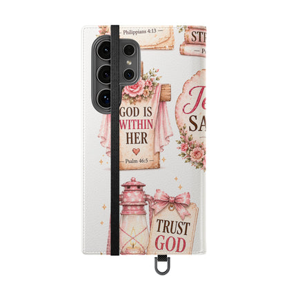 Christian Floral Phone Flip Case — "Jesus Saves" & Inspirational Scripture Wallet Cover