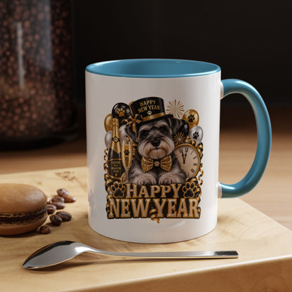 Happy New Year Dog Coffee Mug — Festive Black & Gold 11/15oz Accent Mug