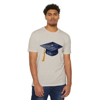 Graduation Cap T-Shirt — Navy Mortarboard with Gold Tassel
