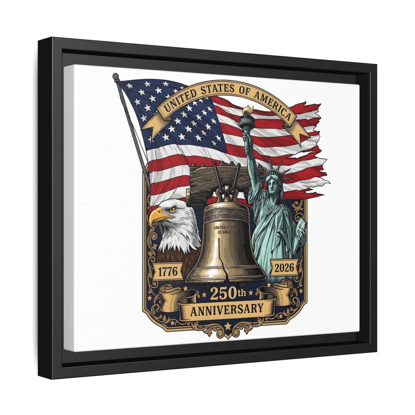 Liberty 250th Anniversary Framed Canvas Print — American Flag, Statue of Liberty & Liberty Bell Art