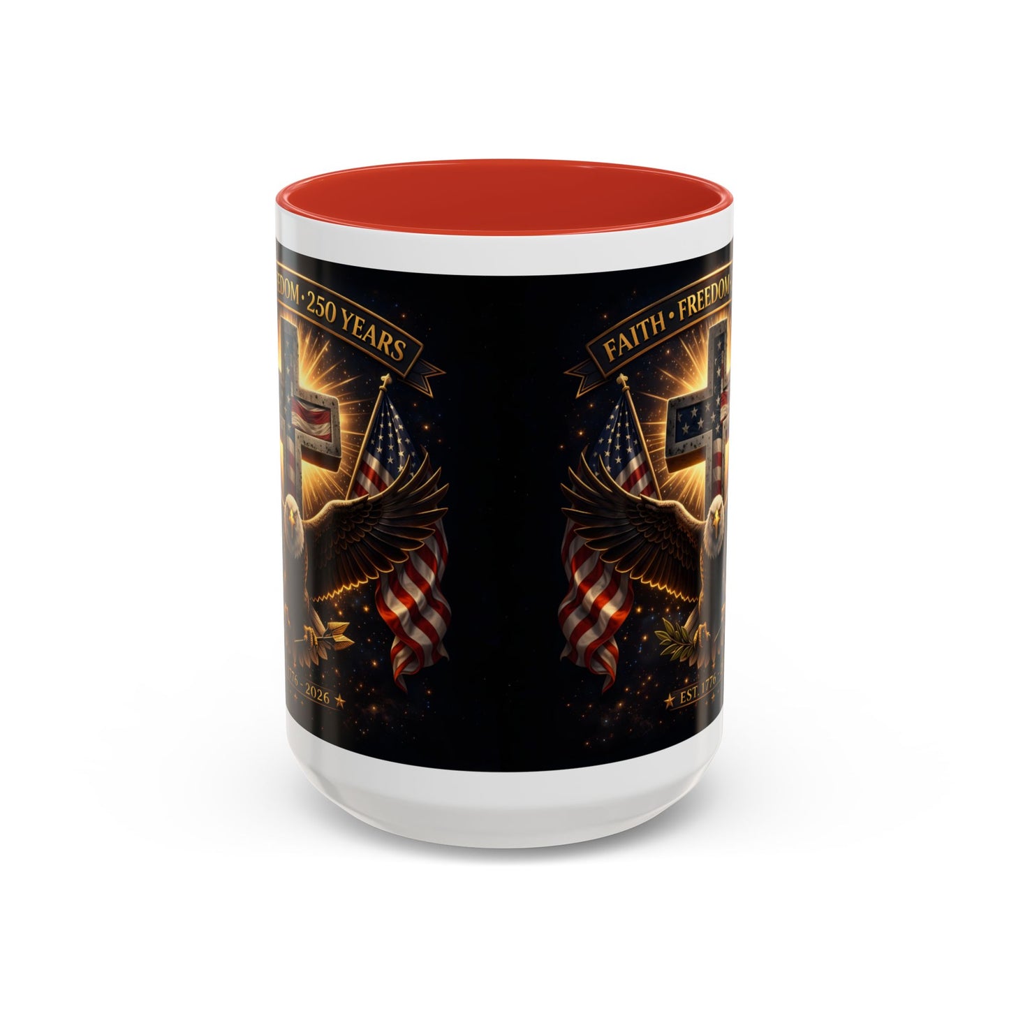Patriotic Faith & Freedom Accent Coffee Mug — Eagle, Cross & American Flag (1776–2026)