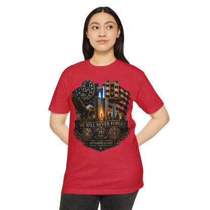 9/11 Memorial T-Shirt — "We Will Never Forget" Patriotic Tribute