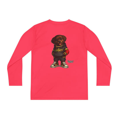 Kids Long Sleeve Tee — Brown Puppy Wearing 'Legacy' Hoodie Graphic