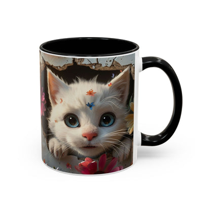 Cute White Kitten Coffee Mug – Floral Accent 11/15oz