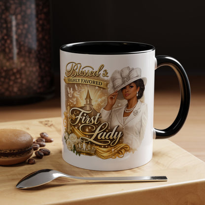First Lady Inspirational Coffee Mug — "Blessed & Highly Favored" Accent Ceramic Mug