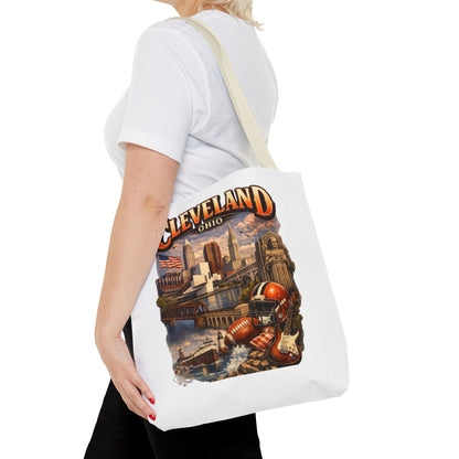 Cleveland Cityscape Tote Bag — Vintage Ohio Skyline & Sports Montage