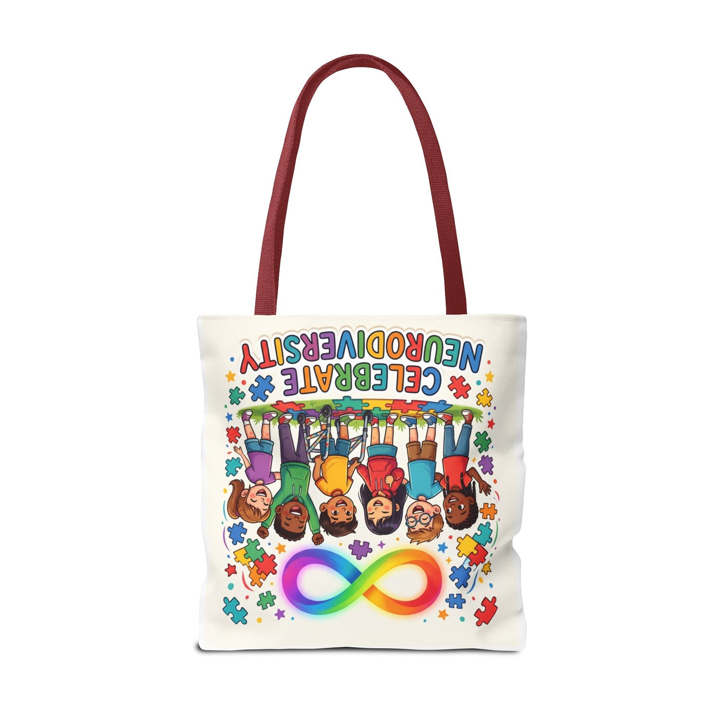 Celebrate Neurodiversity Tote Bag — Rainbow Infinity Symbol & Kids Design