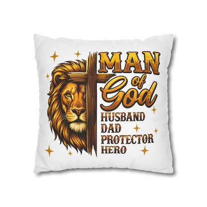 Christian Lion Cross Pillow — "Man of God" Husband Dad Protector Hero Throw Pillowcase
