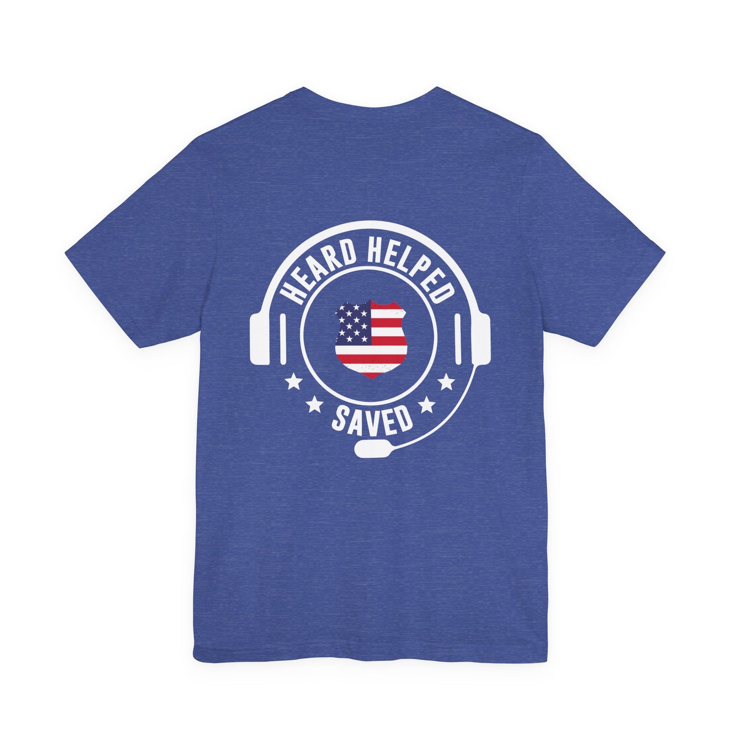 Headset Logo T-Shirt — "Heard Helped Saved" American Flag Design