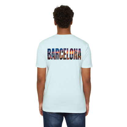 Barcelona Cityscape T‑Shirt — Scenic Sunset Lettering Travel Tee