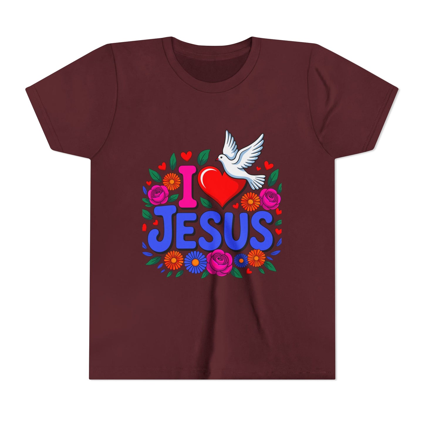 Youth Tee — "I  Jesus" Colorful Dove & Floral Christian Shirt