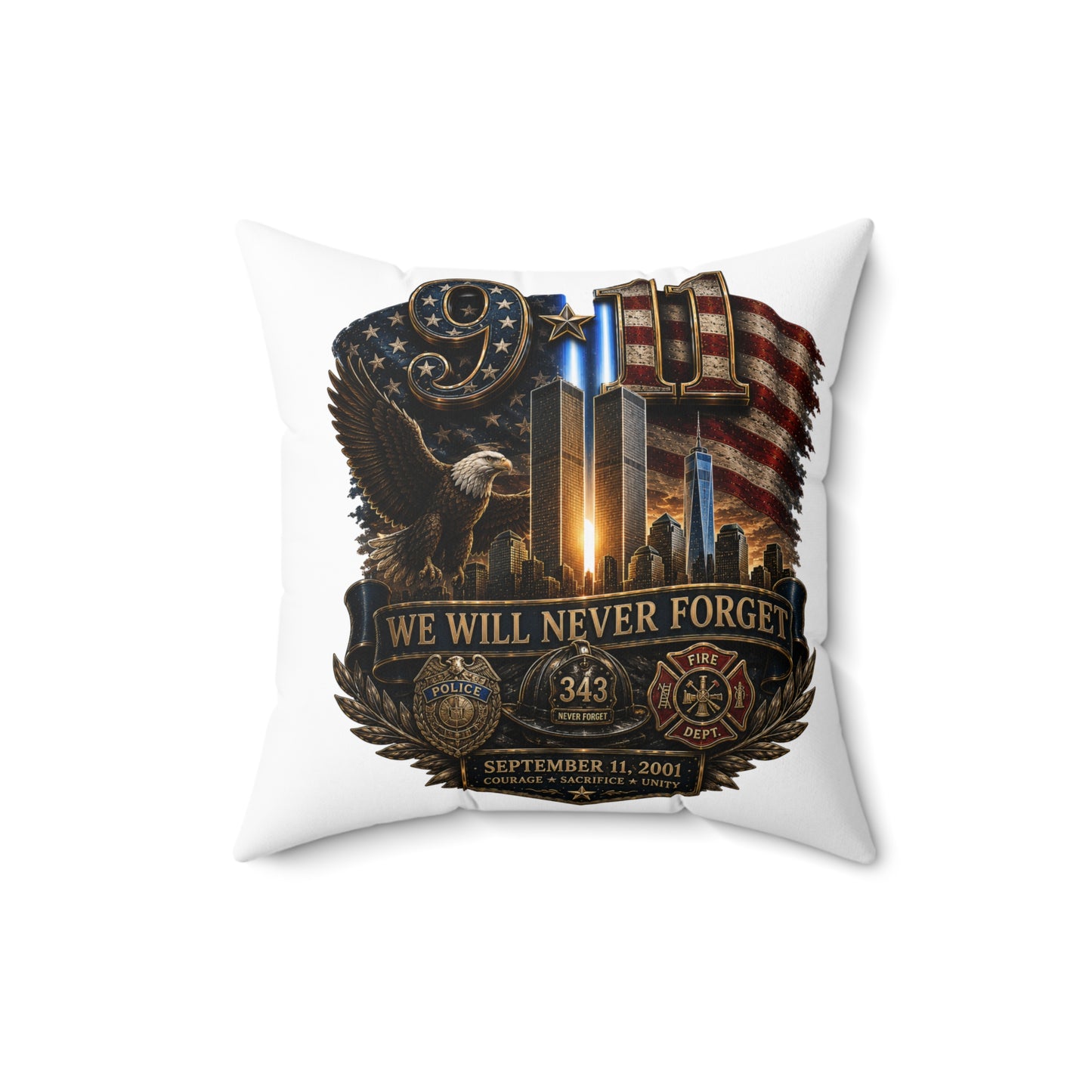 9/11 Memorial Square Pillow — "We Will Never Forget" Tribute