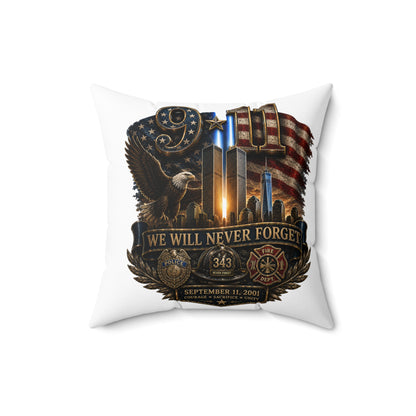 9/11 Memorial Square Pillow — "We Will Never Forget" Tribute