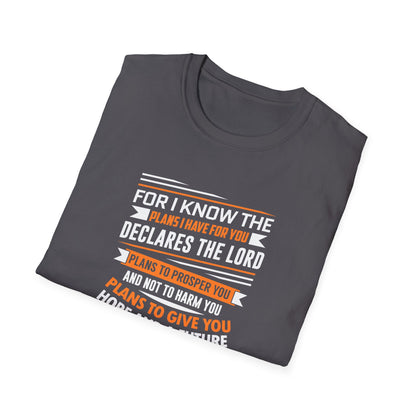 For I Know the Plans I Nave for You Declares the Lord Plans to Prosper You and Not to Harm You Plans to Give You Hope and a Future T-Shirt