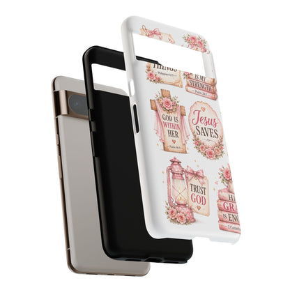 Christian Phone Case — Jesus Saves Floral Tough Case with 'God Is Within Her' & 'Trust God' Design