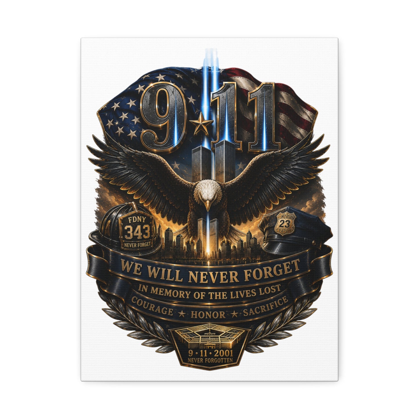 9/11 Memorial Stretched Canvas – We Will Never Forget Tribute Wall Art
