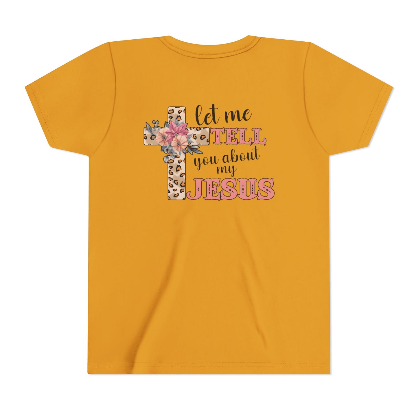 Youth Tee — "Let Me Tell You About My Jesus" Floral Leopard Cross Christian Shirt
