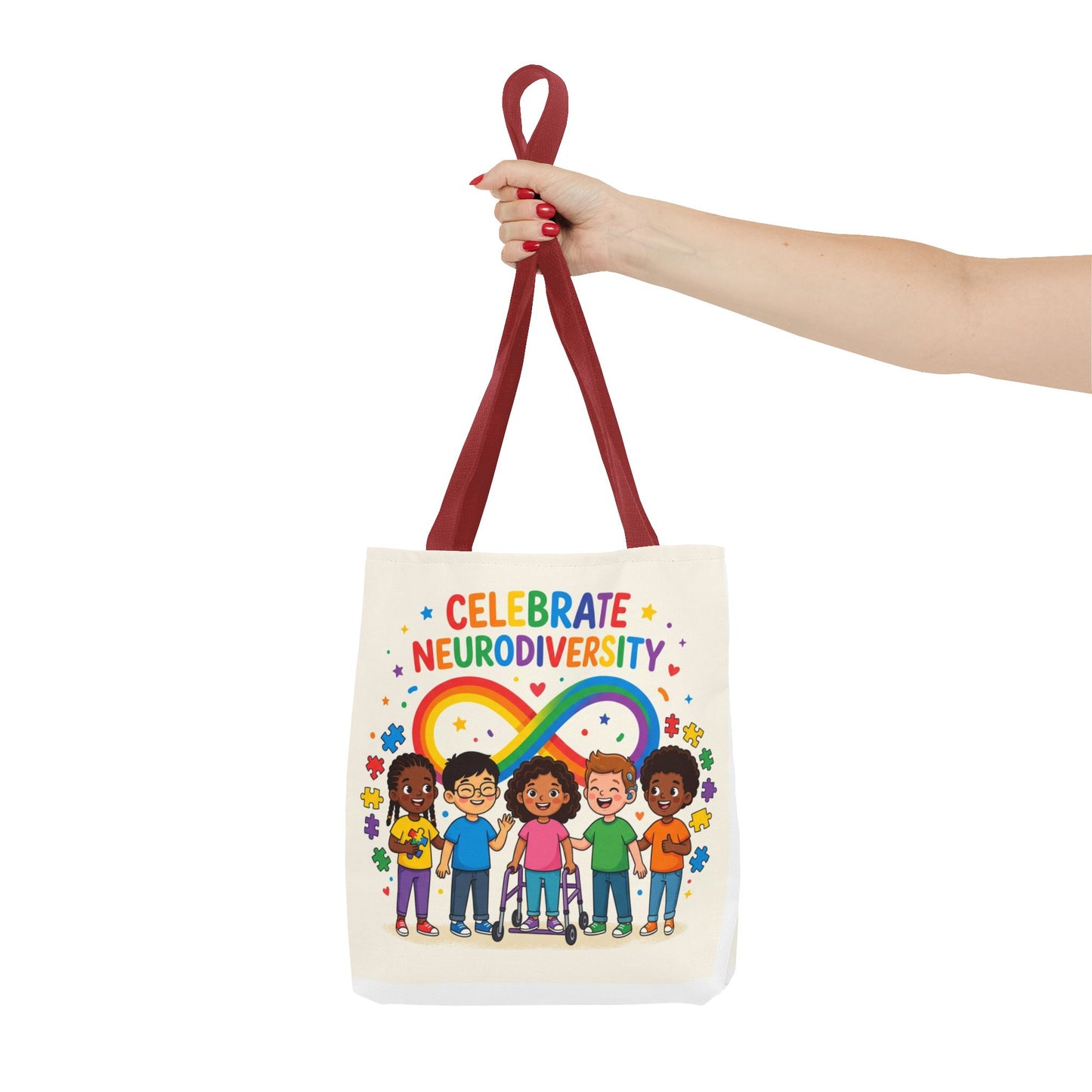 Celebrate Neurodiversity Tote Bag — Rainbow Infinity Symbol with Diverse Kids