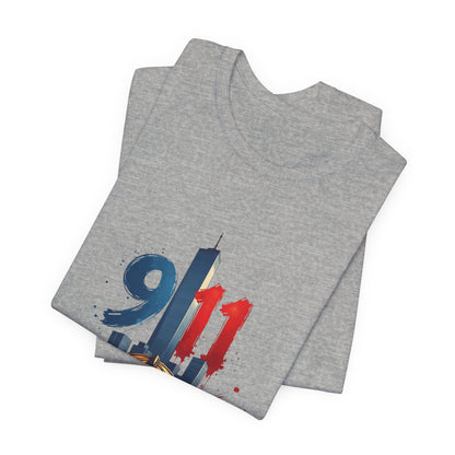 9/11 Firefighter Memorial Tee — Tribute T-Shirt with Helmet & Twin Towers Design