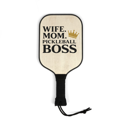 Pickleball Paddle Set — "Wife. Mom. Pickleball Boss" Wooden Paddle & Balls Kit