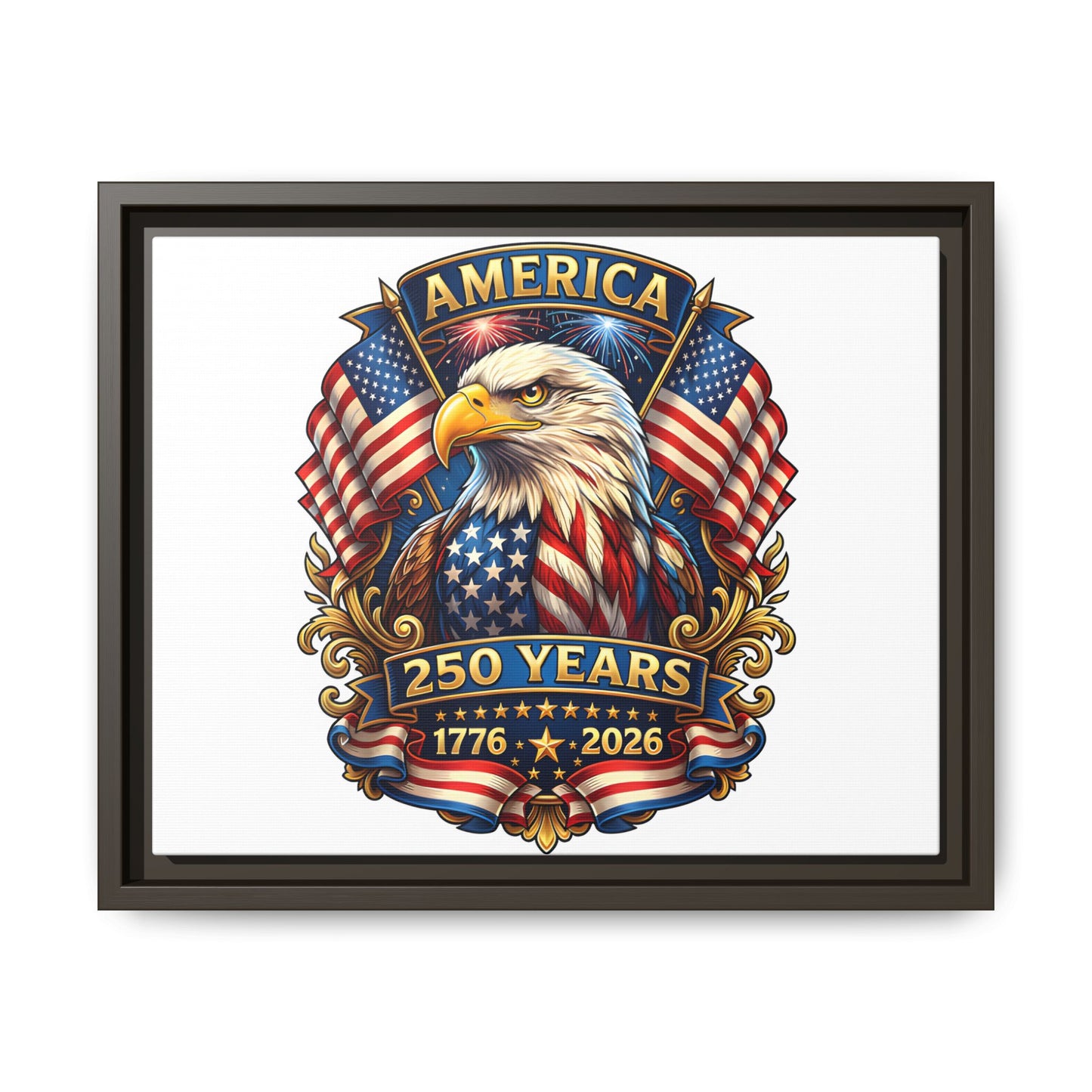 America 250th Anniversary Framed Canvas — Patriotic Bald Eagle Wall Art