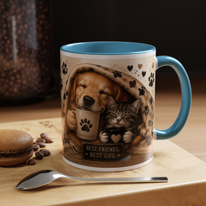 Dog and Cat Coffee Mug – "Best Friends, Best Life" Accent Tea Cup (11/15oz)