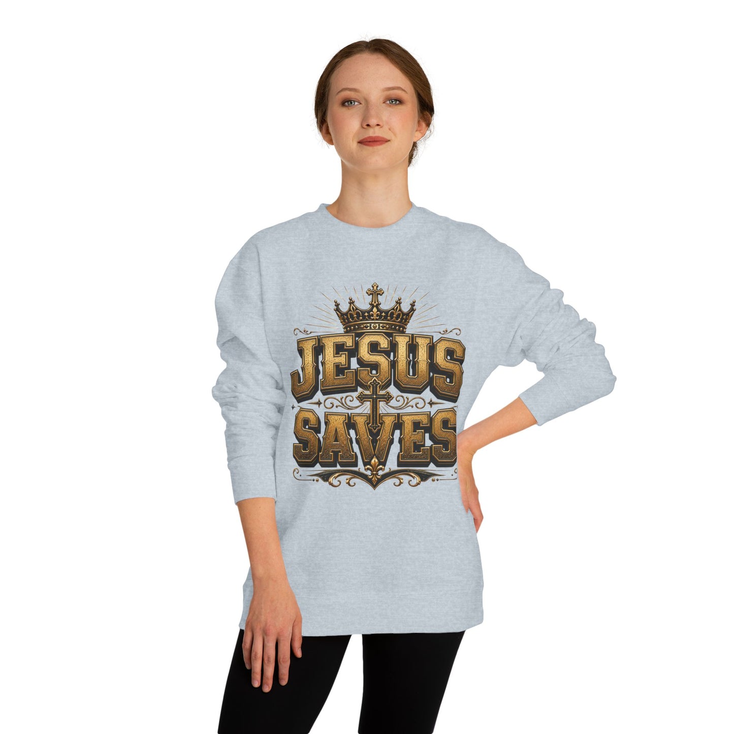 Jesus Saves Sweatshirt — Christian Faith Crewneck with Crown & Cross Design