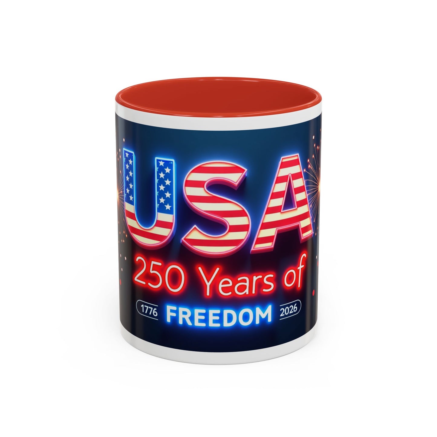 USA 250 Years of Freedom Accent Coffee Mug — Patriotic 1776–2026 Fireworks Design (11/15oz)