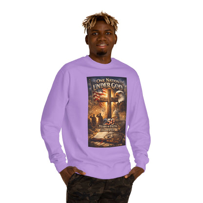 Patriotic Christian Sweatshirt — "One Nation Under God" 25 Years of Faith Crewneck