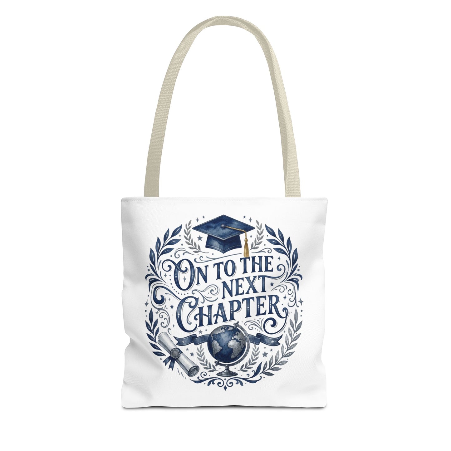 Graduation Tote Bag — "On to the Next Chapter" Cap & Globe Gift Tote