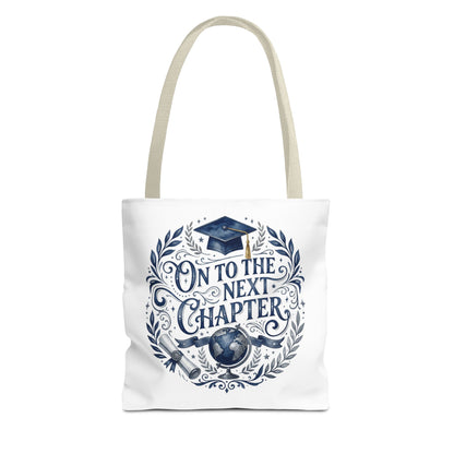 Graduation Tote Bag — "On to the Next Chapter" Cap & Globe Gift Tote