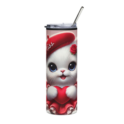 20oz Stainless Tumbler — Cute Kitty with Heart, 'Miss' Red Beret Valentine Travel Mug