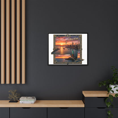 Framed Matte Canvas Wall Art — New York City Sunset Skyline with Statue of Liberty