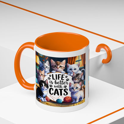 Life Is Better With Cats Accent Coffee Mug – Cute Kitten Cat Lover Gift (11/15oz)