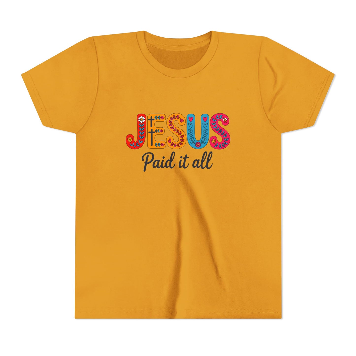 Youth Tee — "Jesus Paid It All" Colorful Faith Graphic
