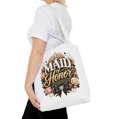 Maid of Honor Tote Bag — Elegant Bridal Party Gift with Gold Crown Floral Design