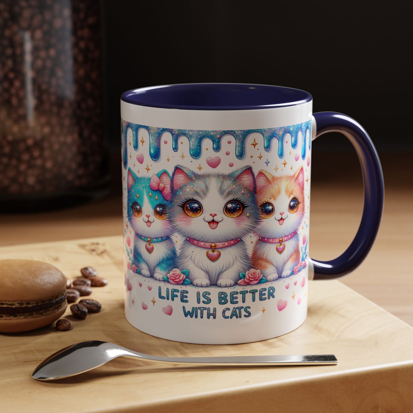 Life Is Better With Cats Accent Coffee Mug — Cute Pastel Kawaii Cat Trio (11/15oz)