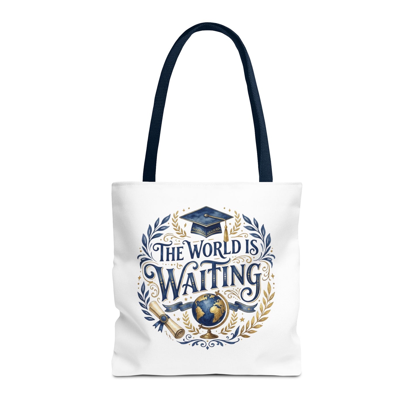 Graduation Tote Bag – "The World Is Waiting" Cap & Globe Design