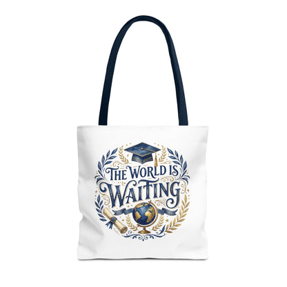 Graduation Tote Bag – "The World Is Waiting" Cap & Globe Design