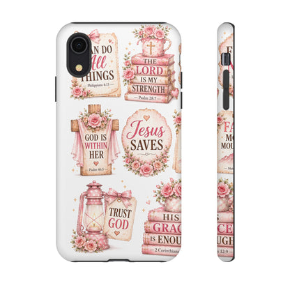 Christian Phone Case — Jesus Saves Floral Tough Case with 'God Is Within Her' & 'Trust God' Design