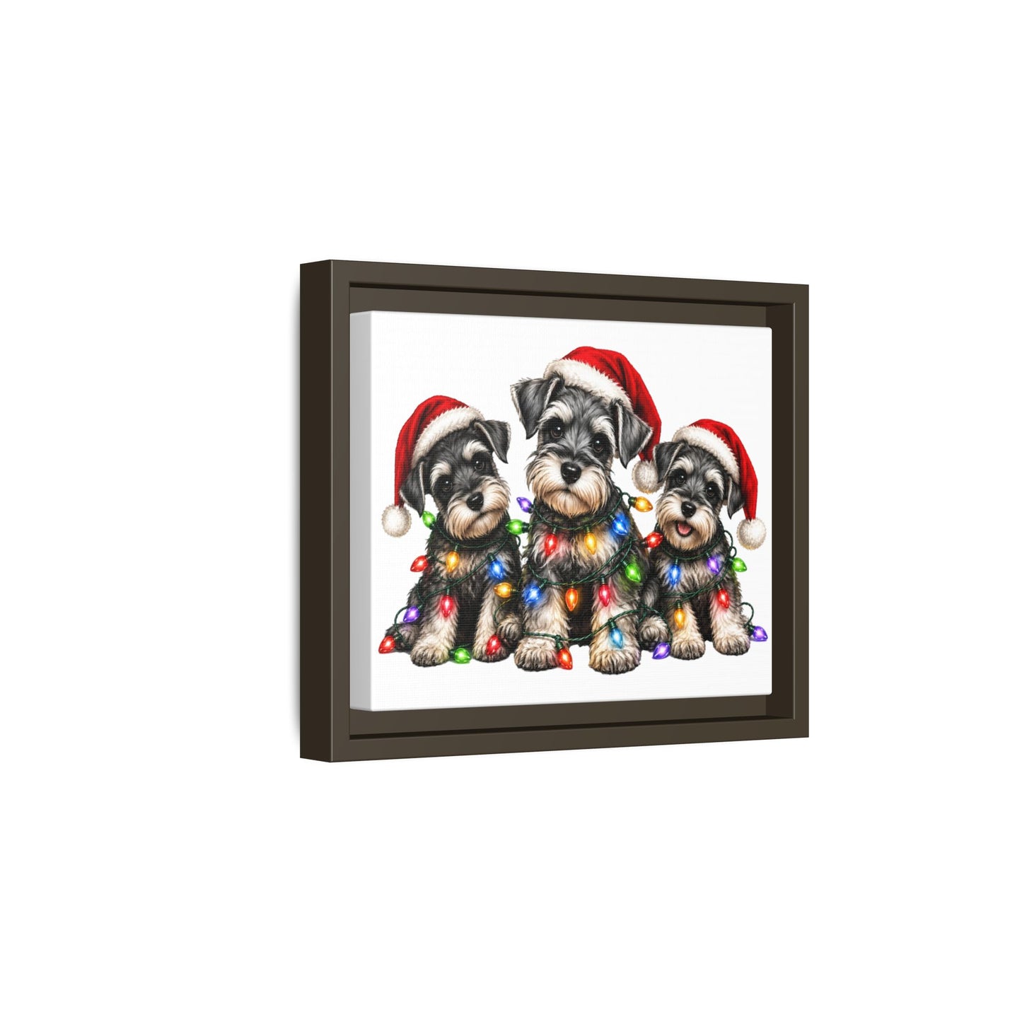Christmas Schnauzer Canvas Print — Festive Puppies in Santa Hats (Matte Framed)
