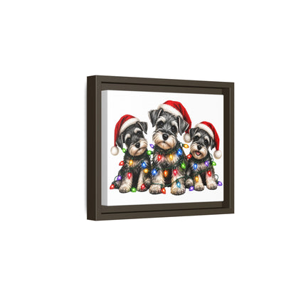 Christmas Schnauzer Canvas Print — Festive Puppies in Santa Hats (Matte Framed)