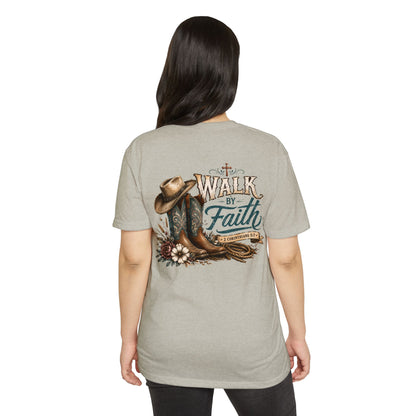 Walk By Faith T-Shirt — Christian Cowboy Boots & Hat Graphic Tee