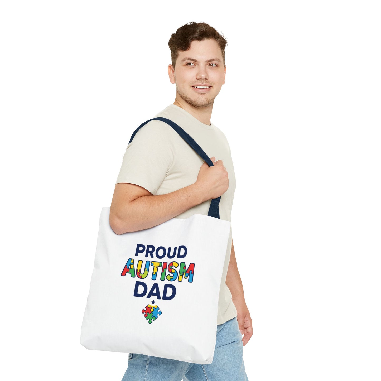 Proud Autism Dad Tote Bag — Colorful Puzzle-Heart Support Gift