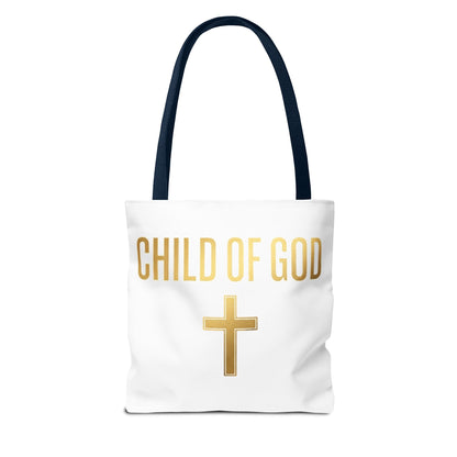 Child of God Tote Bag — Gold Cross Religious Canvas Tote