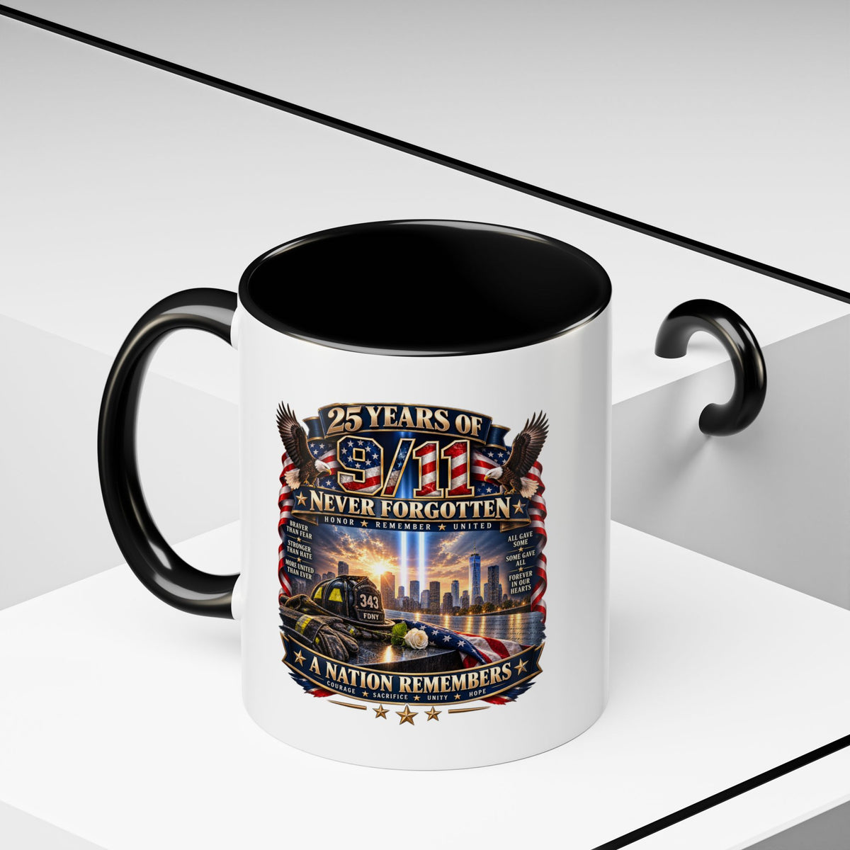 9/11 Memorial Coffee Mug — "25 Years of Never Forgotten" Patriot Tribute