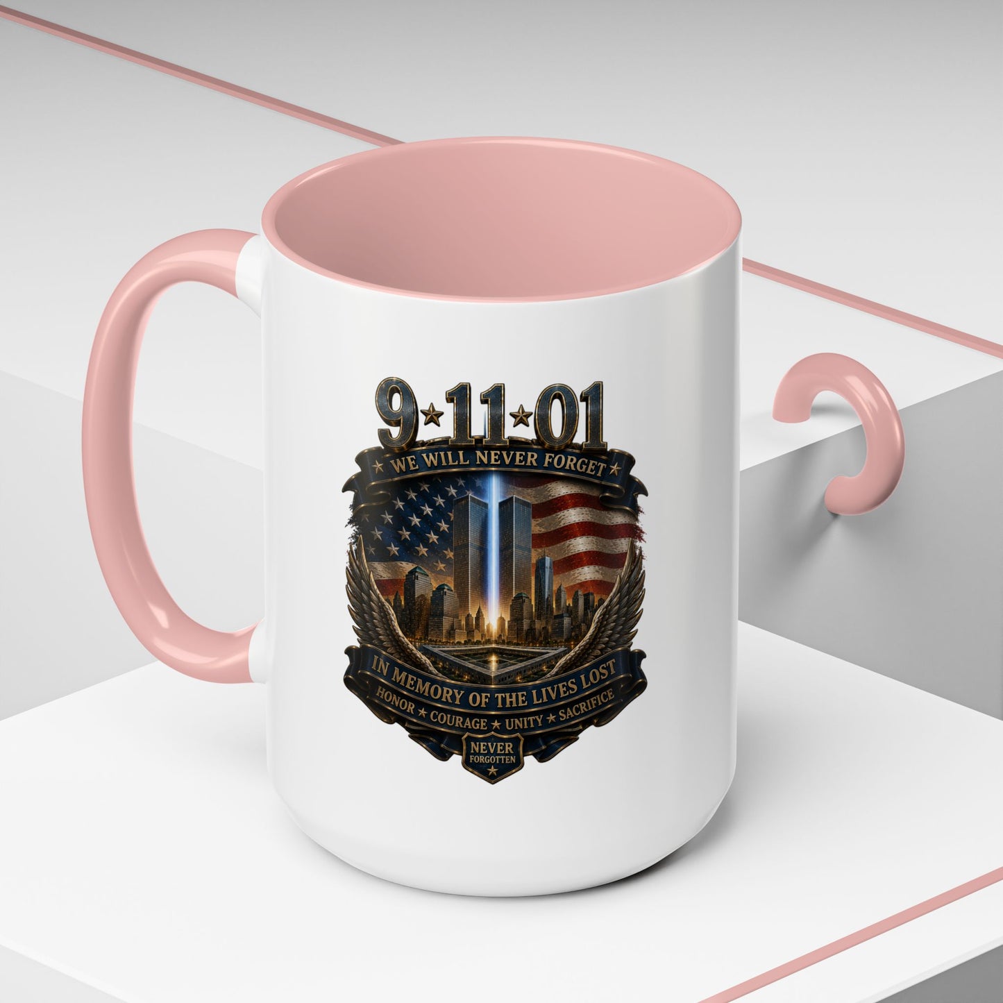 9/11 Memorial Coffee Mug — 'We Will Never Forget' Tribute Accent Mug