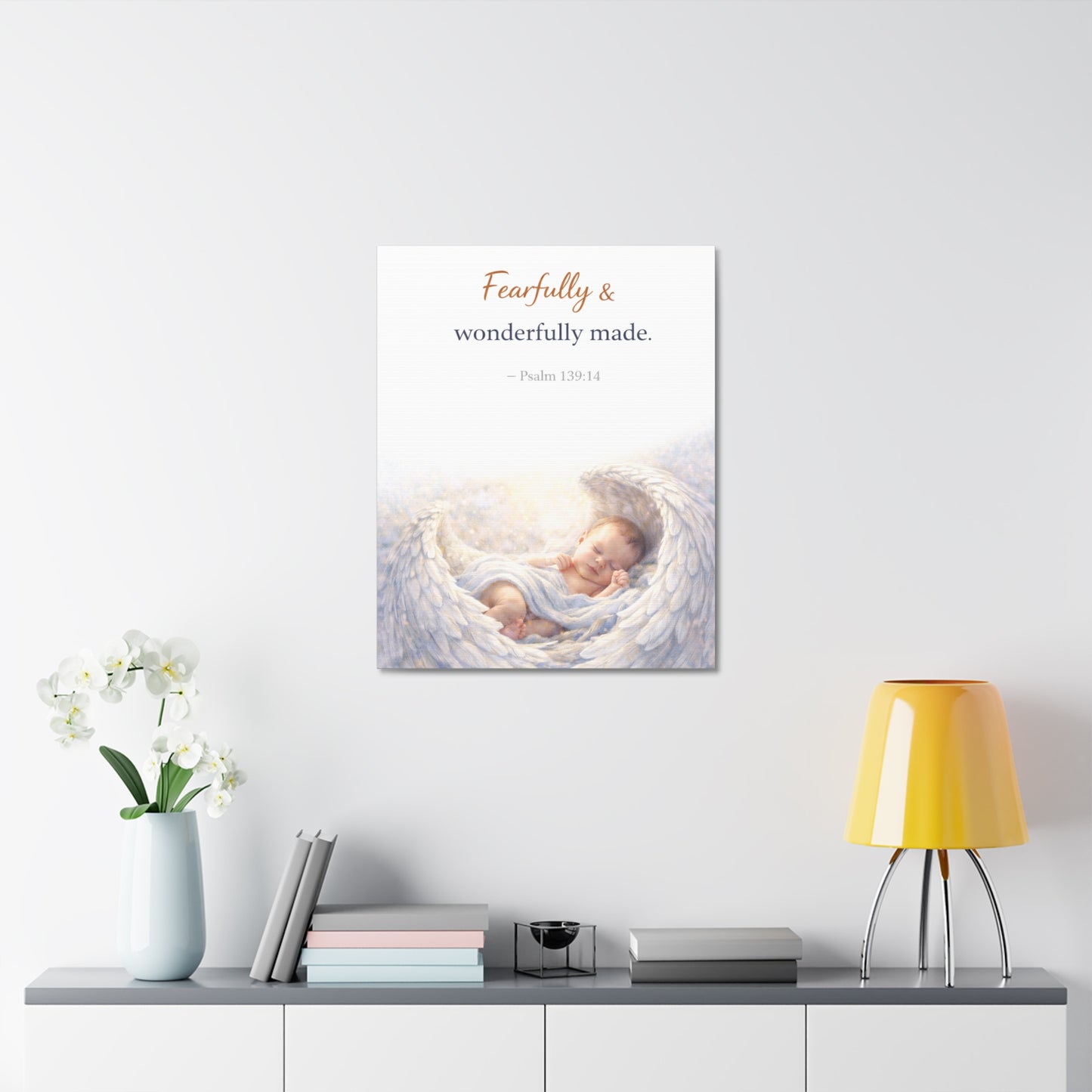 Canvas Wall Art - "Fearfully & Wonderfully Made" Baby Angel Bible Verse (Psalm 139:14) Nursery Decor