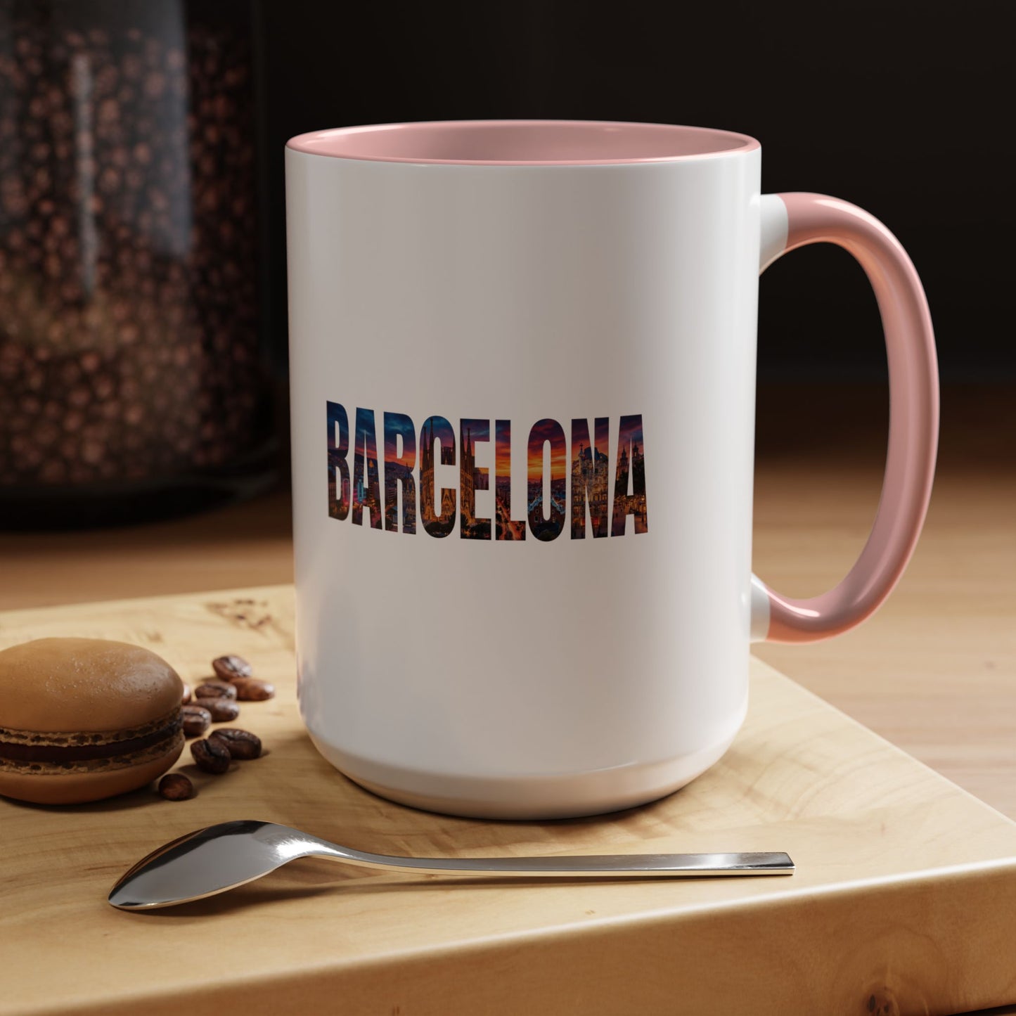 Barcelona Accent Coffee Mug — Scenic Cityscape Text Travel Souvenir (11/15oz)